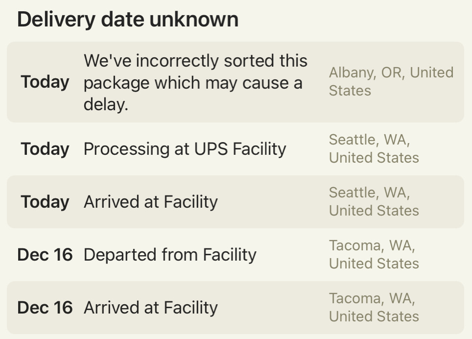 Delivery status stating that had been in Tacoma and Seattle WA today, now apparently in Oregon