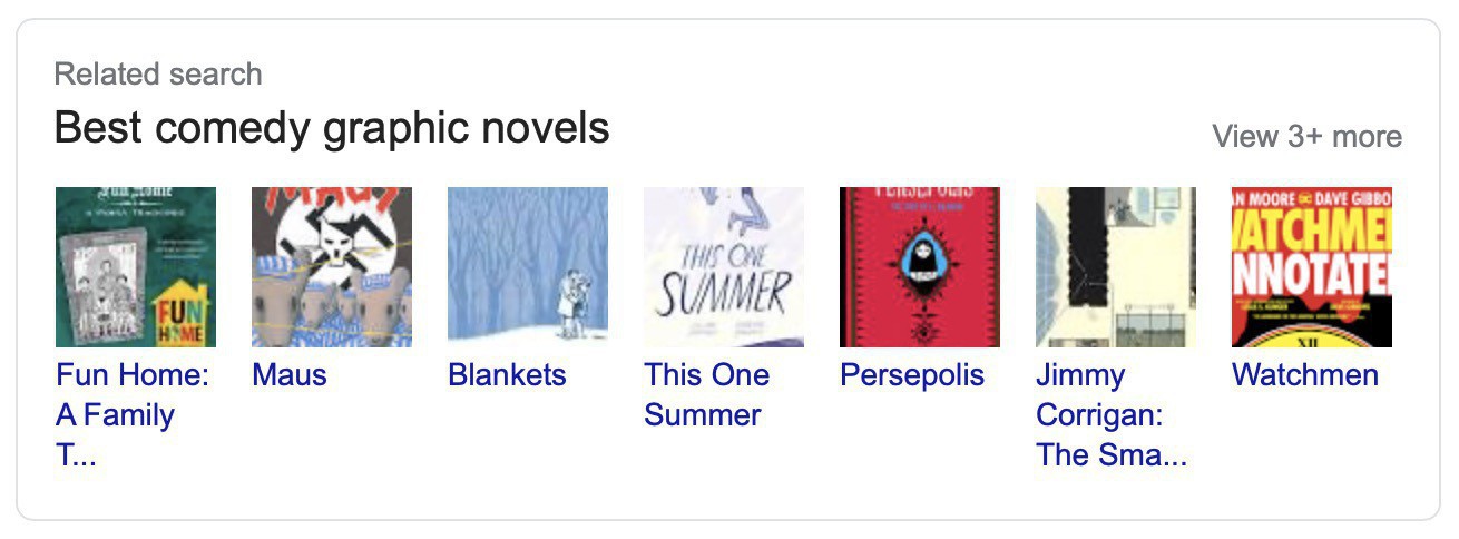 Related search results of “Best comedy graphic novels” includes “Fun Home”, “Maus”, “Persepolis”, and more