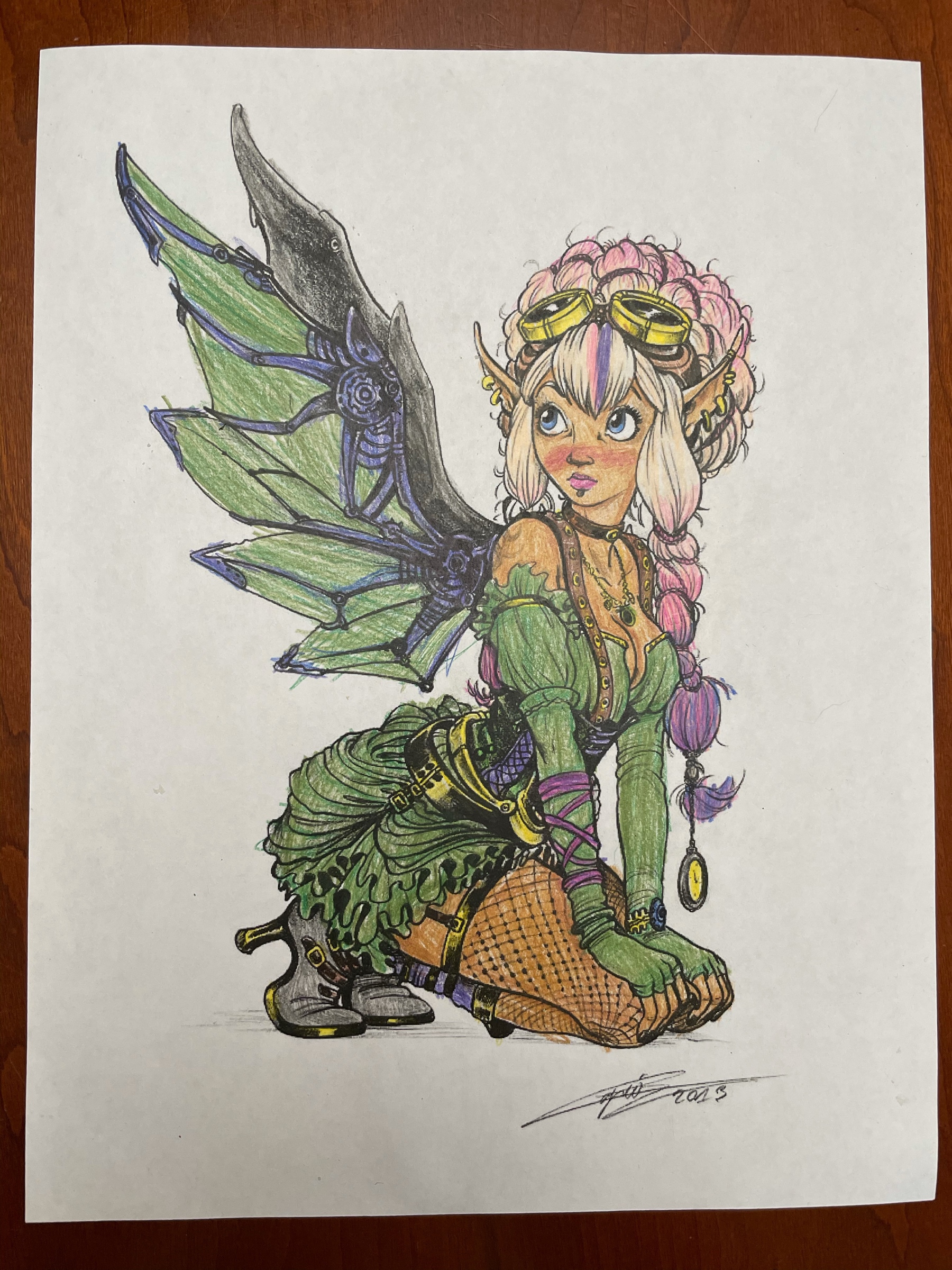 Cyberpunk "fairy" in green with pink and white hair