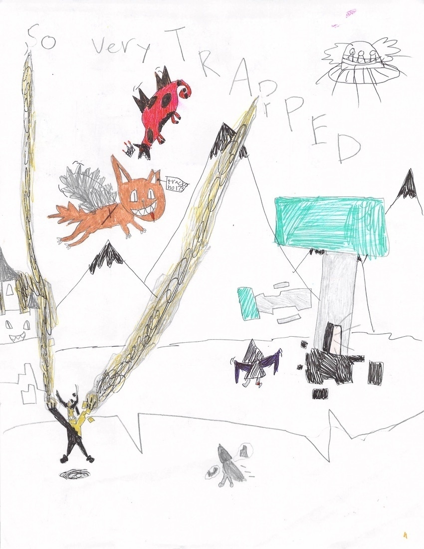 Cover of comic titled So Very Trapped. A flying cat creature, a ladybug dragonfly, a UFO, hooded characters, and so much more.