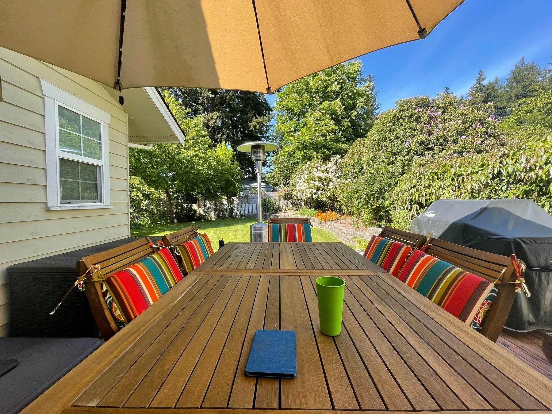 wide angle shot overlooking back yard from vantage of end of dining table