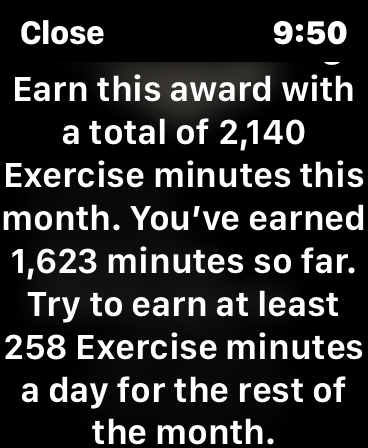 Earn this award with a total of 2,140 Exercise minutes this month. You've earned 1.623 minutes so far. Try to earn at least 258 Exercise minutes a day for the rest of the month.