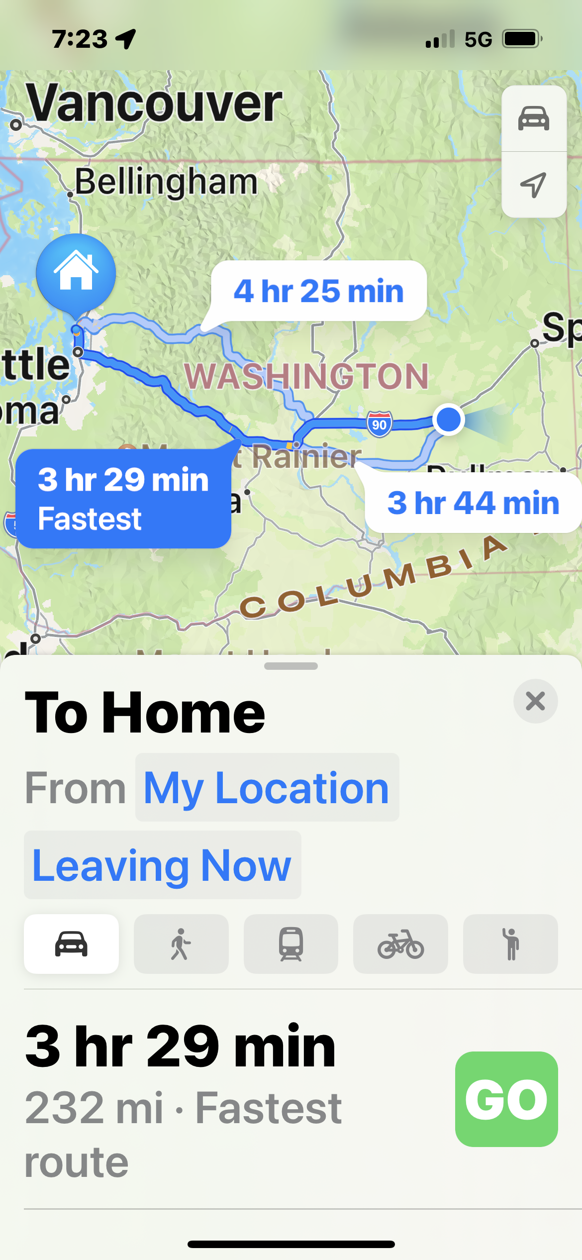 Apple Maps route plan showing route from "My Location" (Ritzville, WA at the time) to Seattle. Fastest route of 232 miles, 3-1/2 hours 