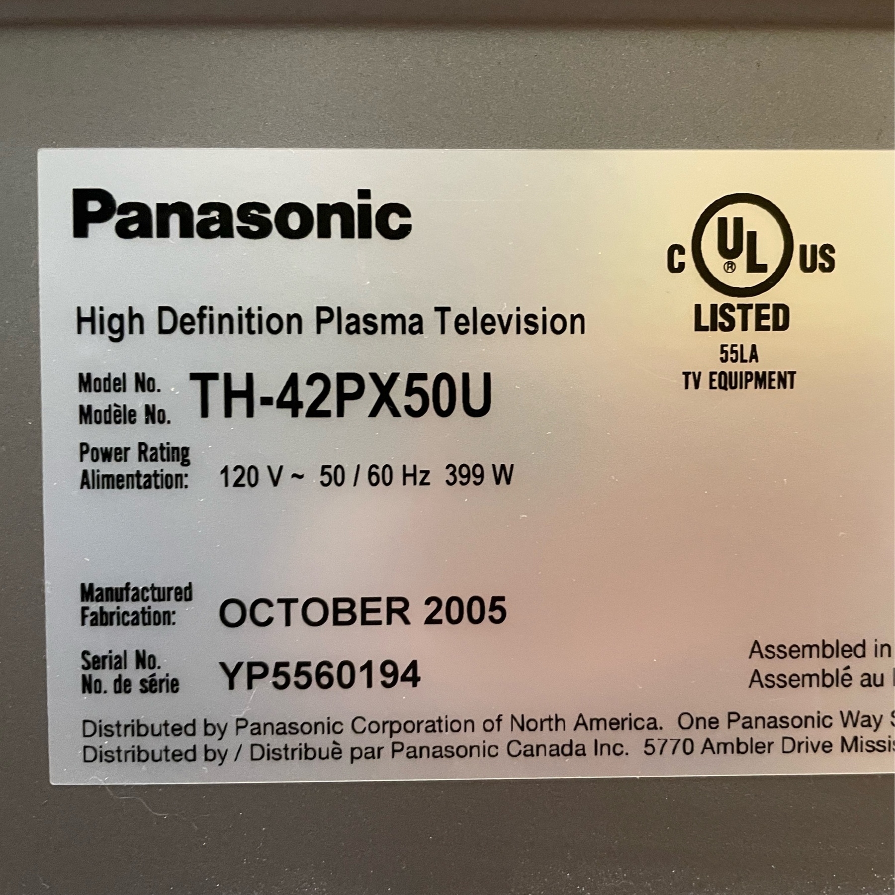 Back sticker of tv, model TH-42PX50U, manufactured October 2005