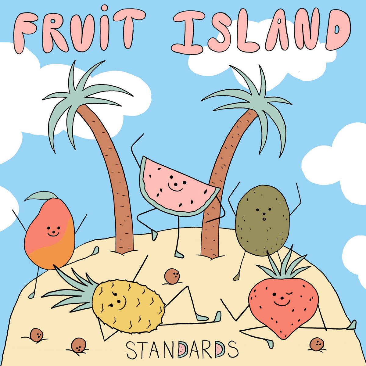 Album cover: A colorful sketch of five different anthropomorpic fruit dancing on a tropical island