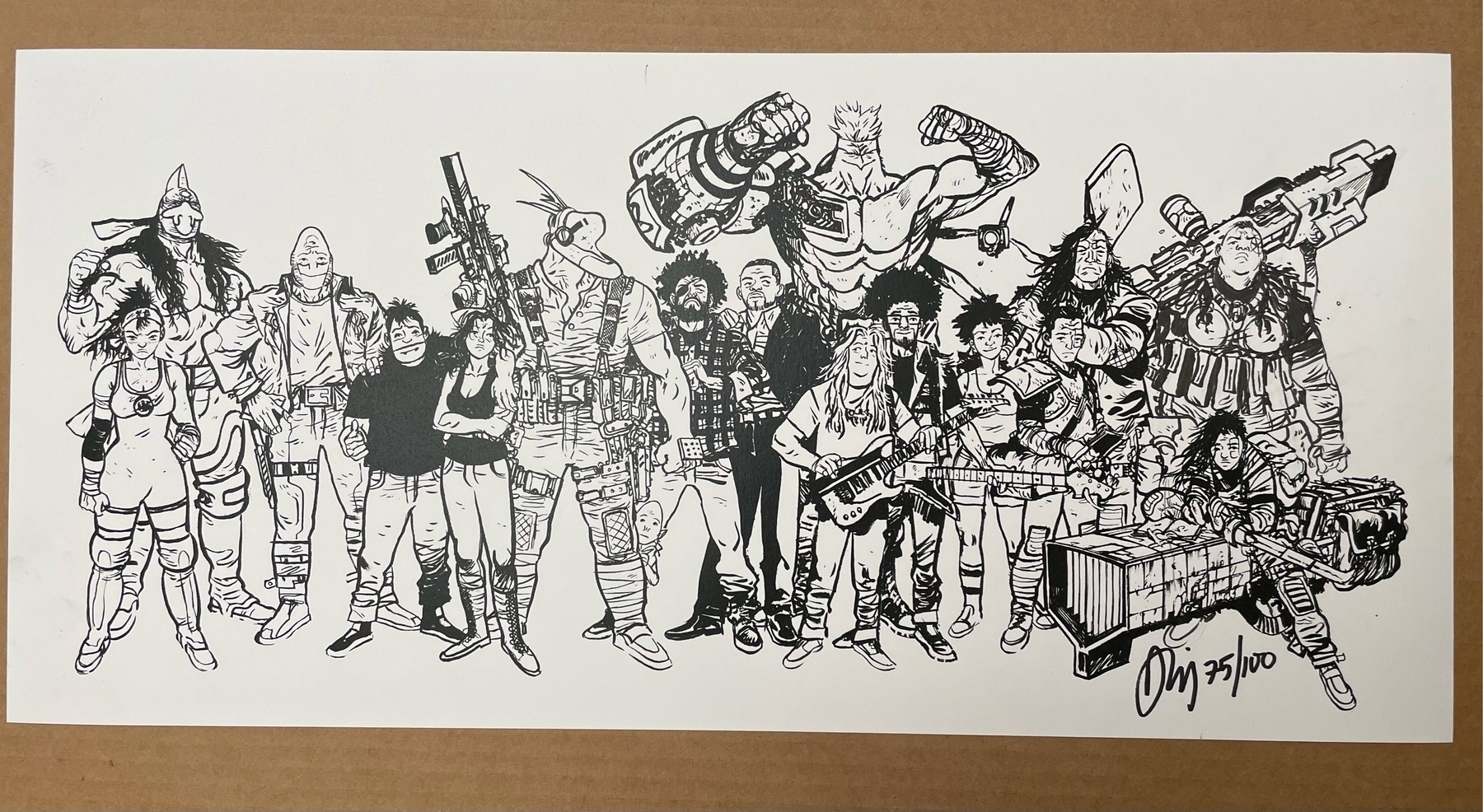 "The Worlds of Daniel Warren Johnson" black and white print with a commissioned Meshiba character sketch